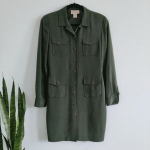 Pat Argenti 100% Silk Military Shirt Dress Olive Green Safari Style 4